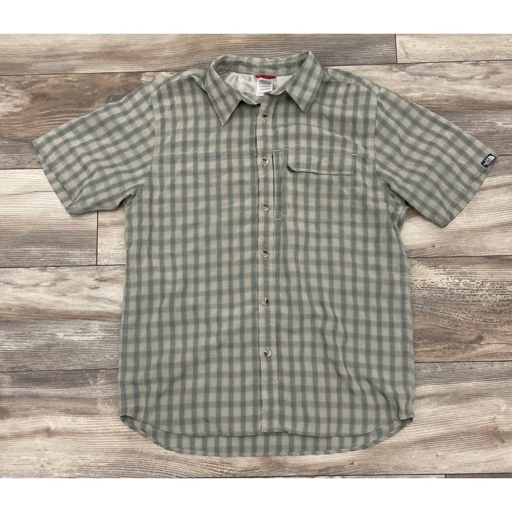 The North Face Mens M Green Tan Plaid Gingham Button Down Shirt Outdoor Vented